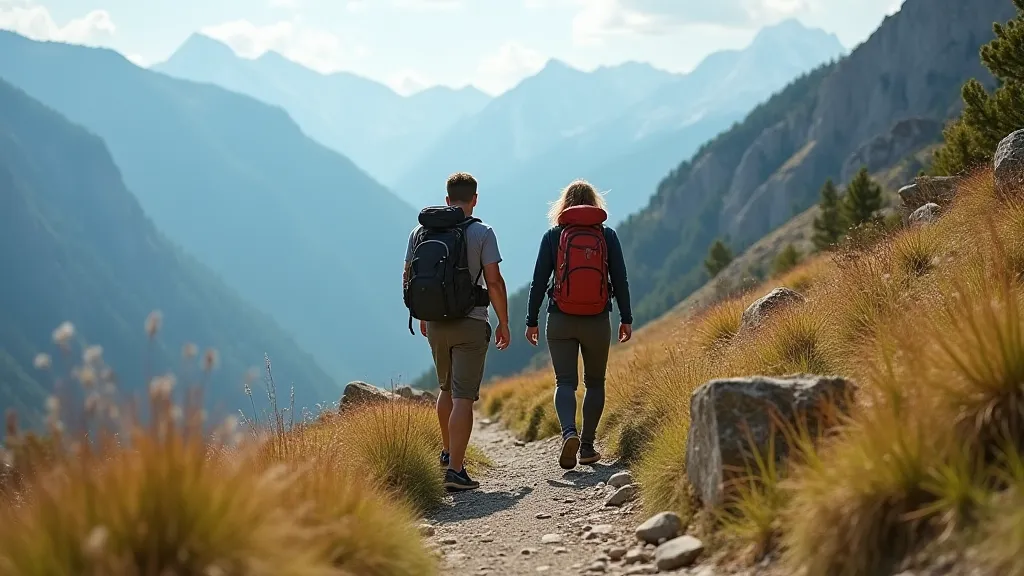 Hikers passing on a mountain trail