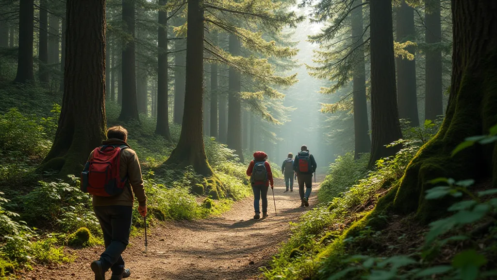Hikers walking single file on a forest trail