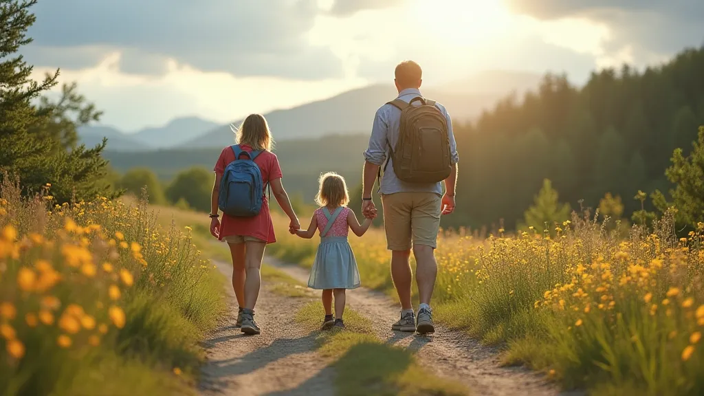 Family hiking an easy trail