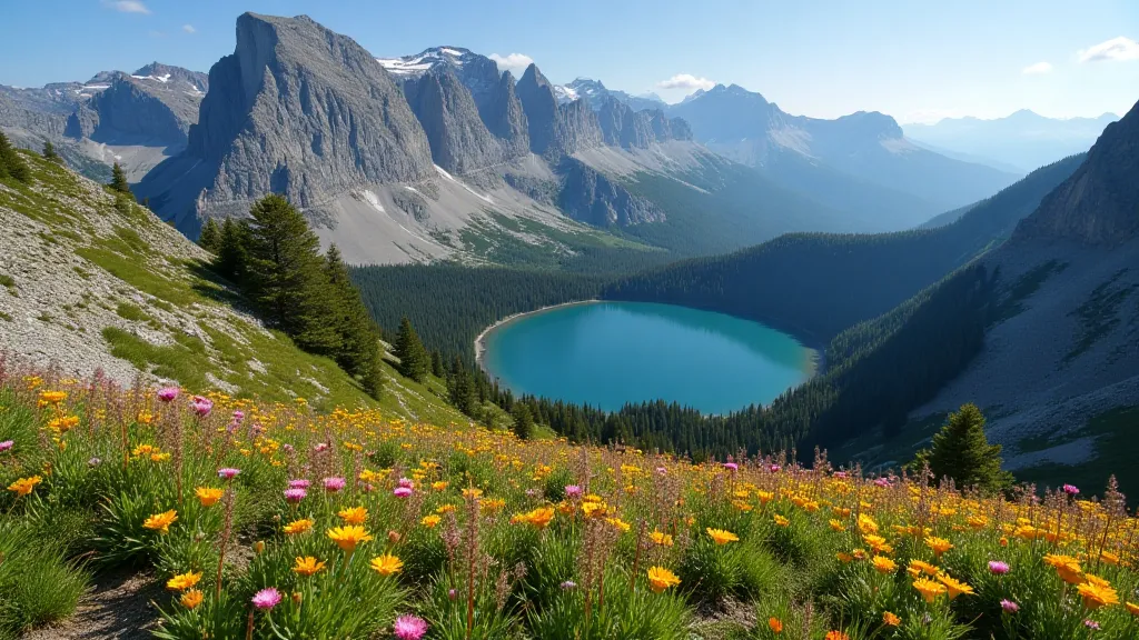 Panoramic view of the Enchantment Lakes with snow-capped peaks in the background