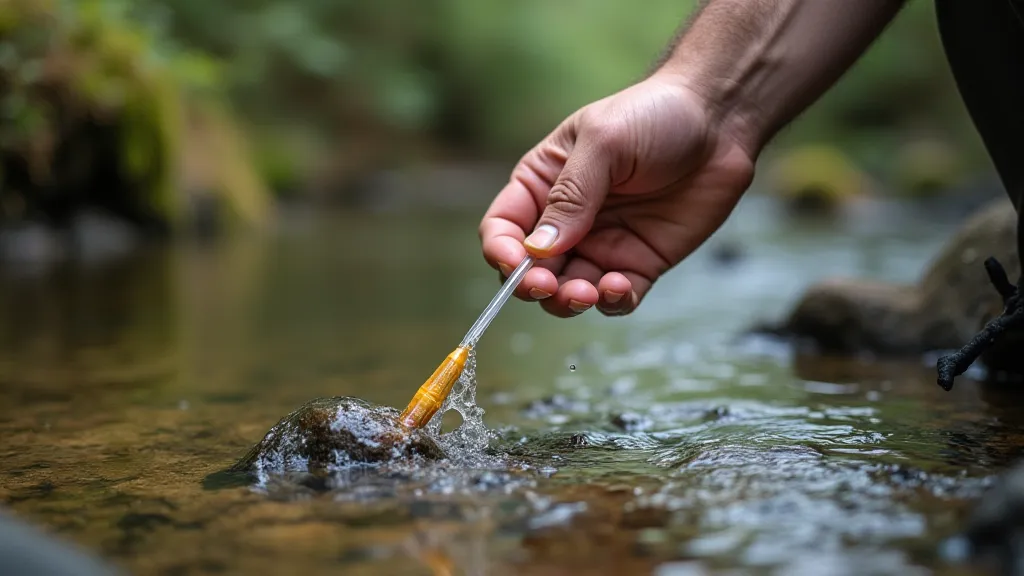 Hiker drinking from a stream using a filter straw