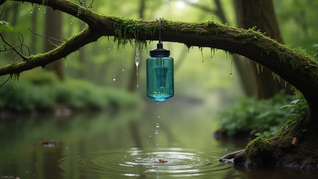 Gravity water filter system hanging in a forest