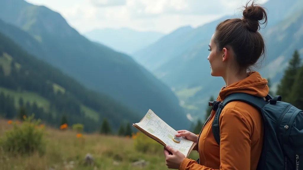 Hiker using map and compass with mountain view