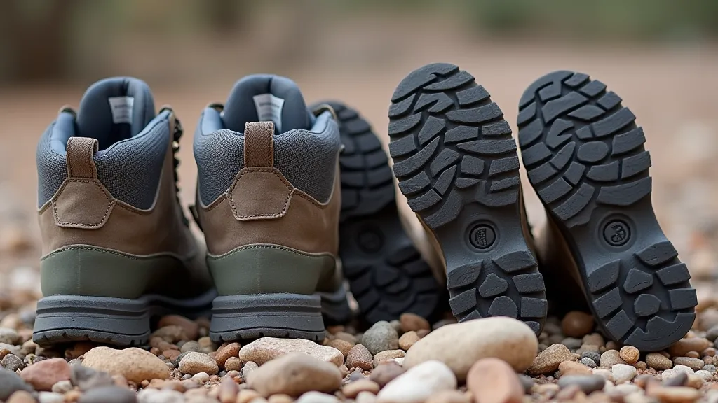 Various hiking boot soles on a rocky trail.