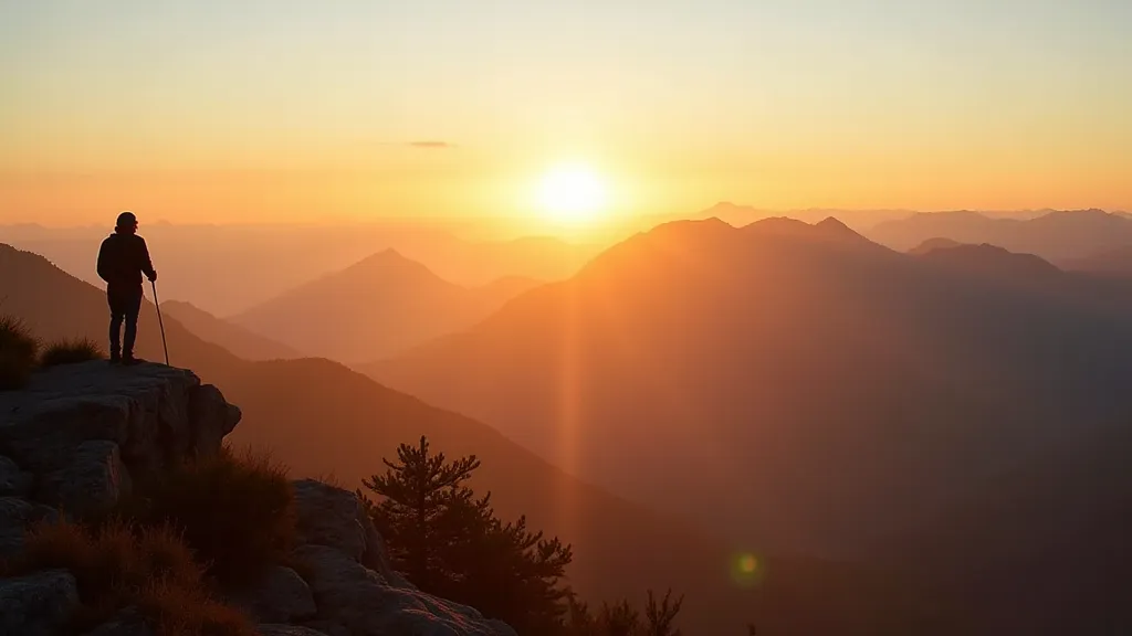 Mountain sunset with a hiker silhouette