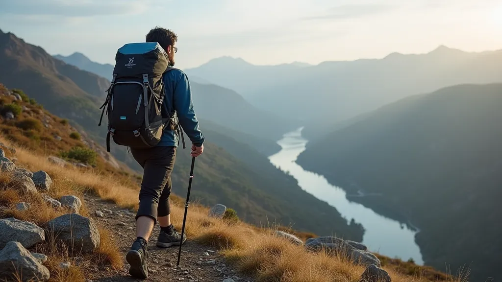 Backpacker wearing backpack on trail