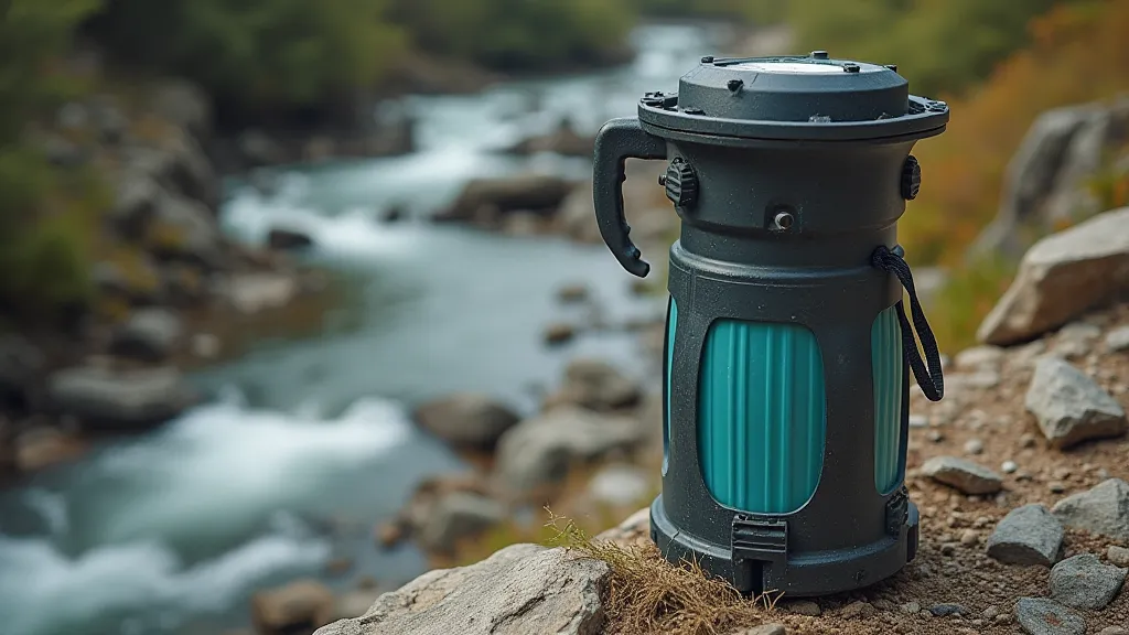 Hand pump water filter on a hiking trail