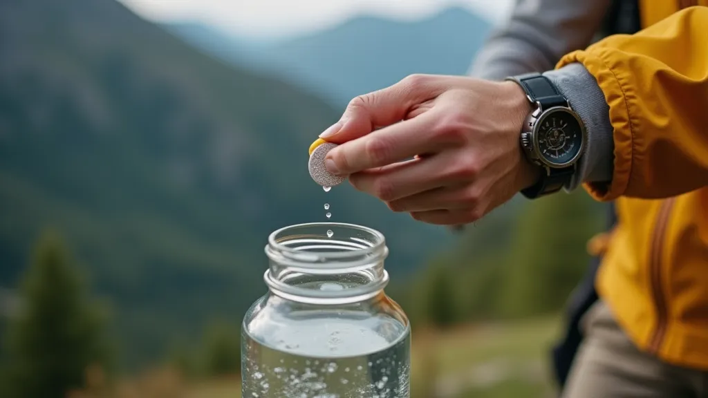 Hand dropping a water purification tablet into a bottle